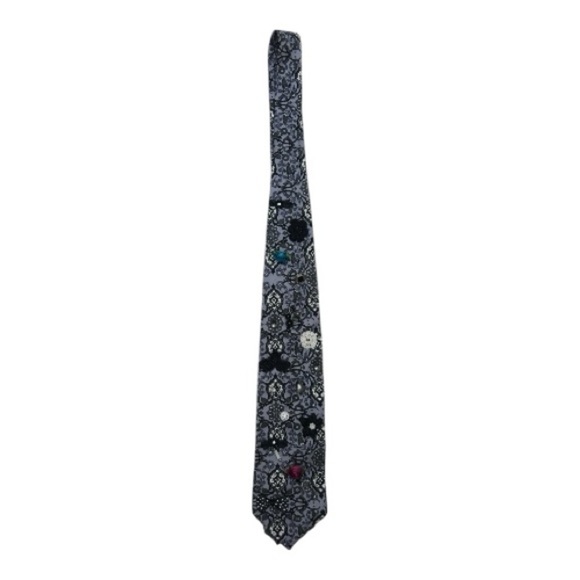 Silk Men’s Tie Black Charcoal Floral Pattern with Pins Flowers Punk Grunge - Picture 3 of 10